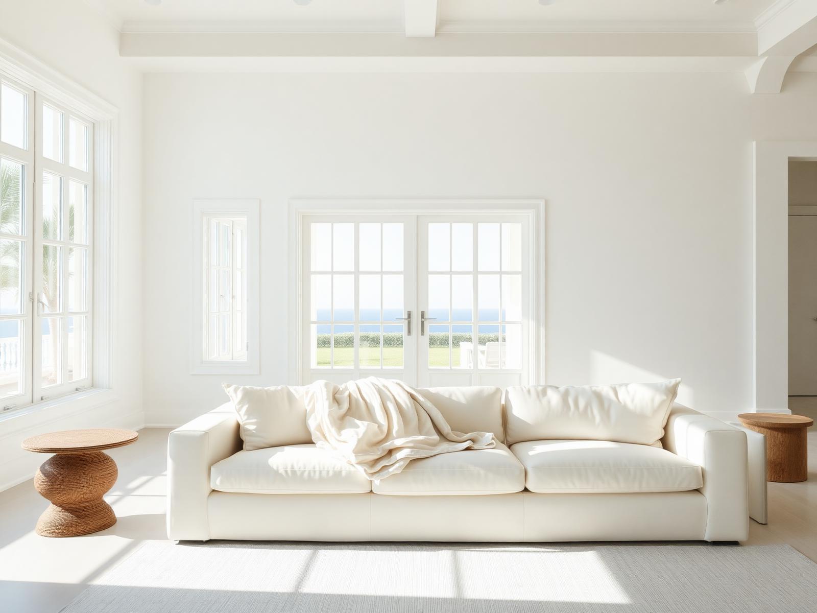 Bright, sunlit Florida living room with folded linen and open windows